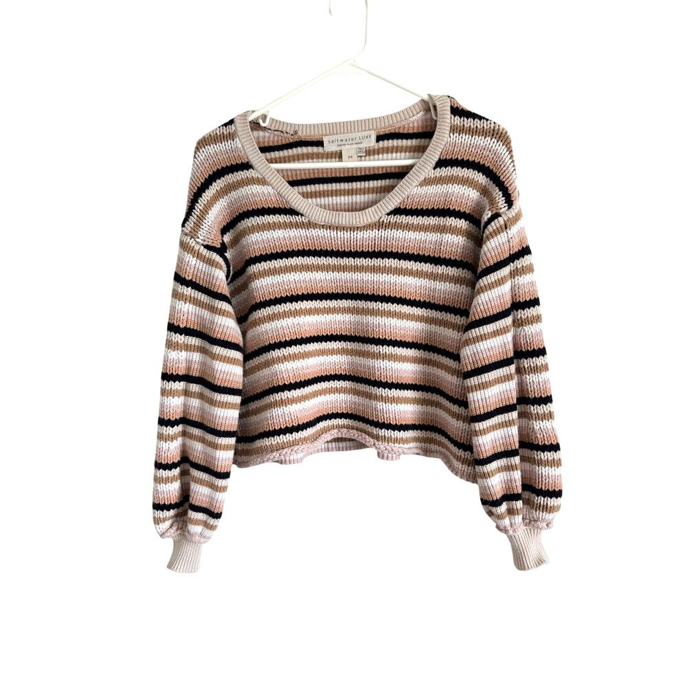 Saltwater Luxe Oversized Crop Sweater Black Pink Tan Stripes Med Boho Chic